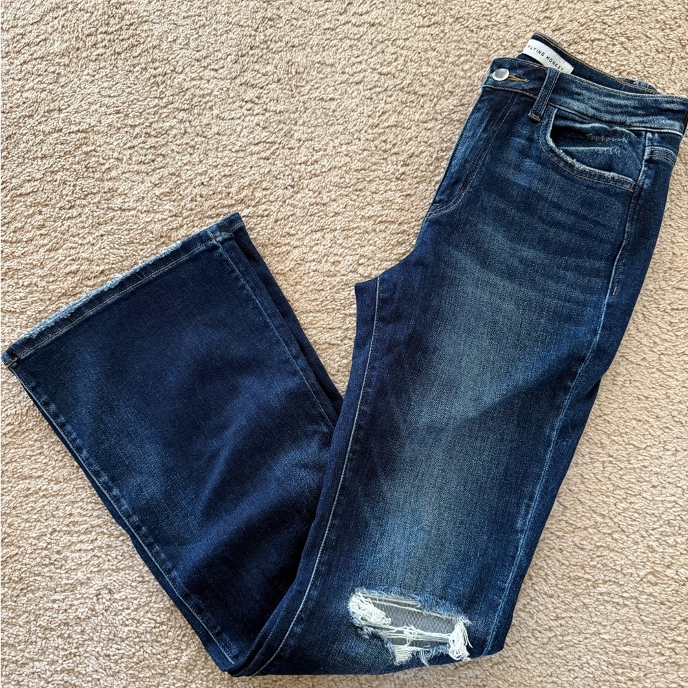 Flying Monkey Dark Blue Flare Jeans with Knee Distress